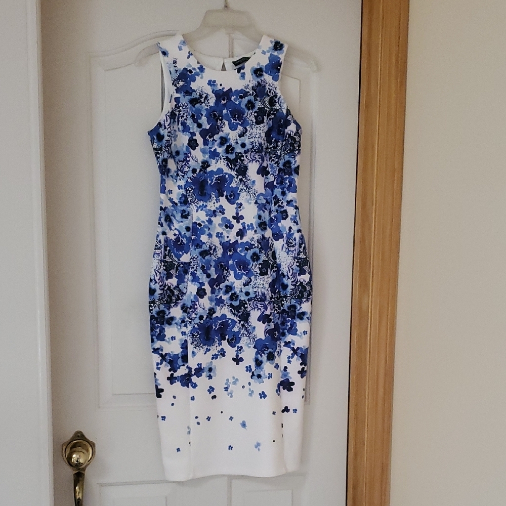 Dorothy Perkins White and Blue Sheath Midi Dress for Weddings